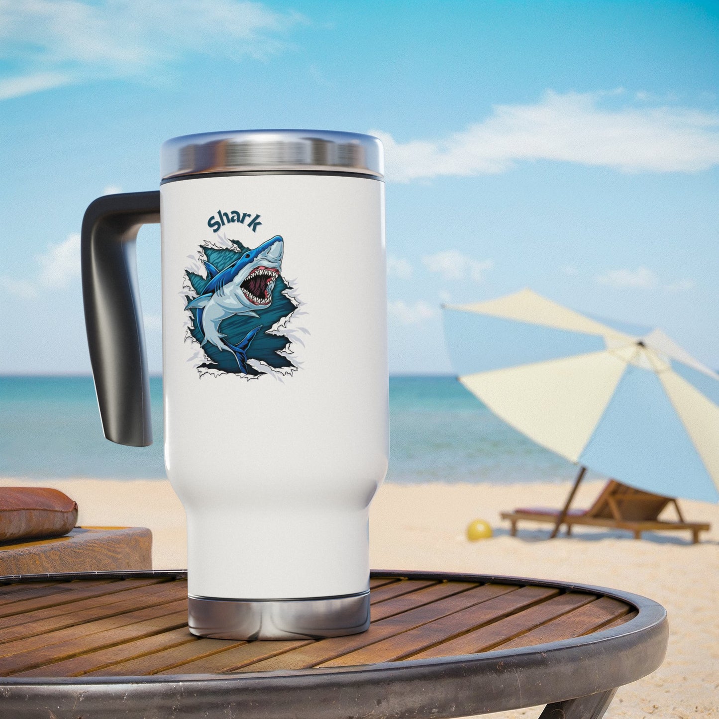 Shark Stainless Steel Travel Mug With Handle 14 Ounces White